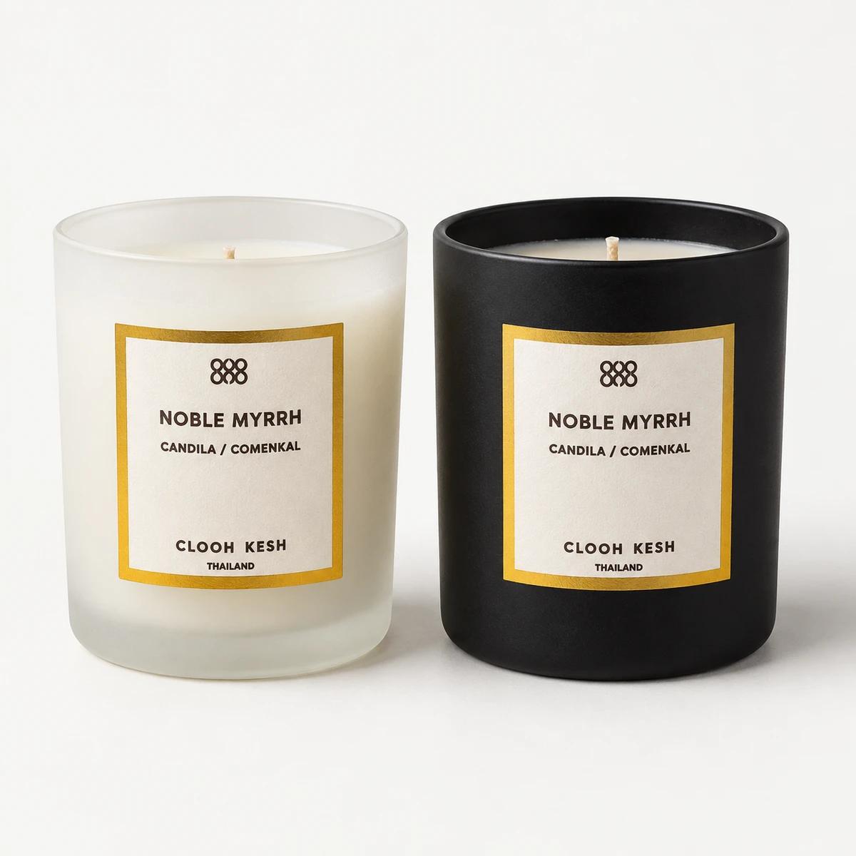 Printed labels on white and black candle jars