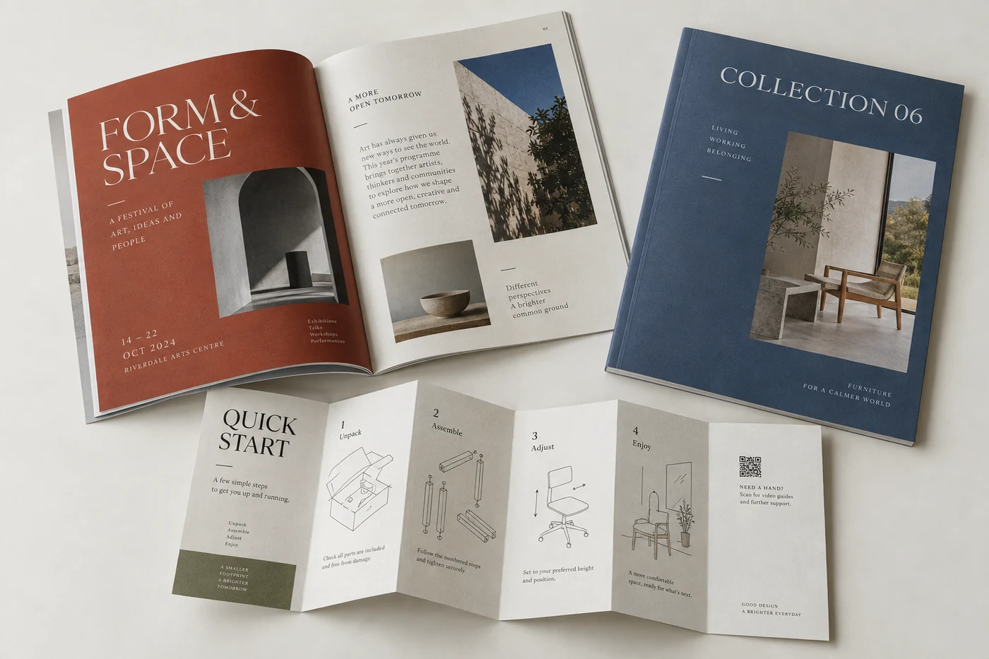 Printed arts booklet, furniture catalog and folded setup guide with distinct original editorial designs