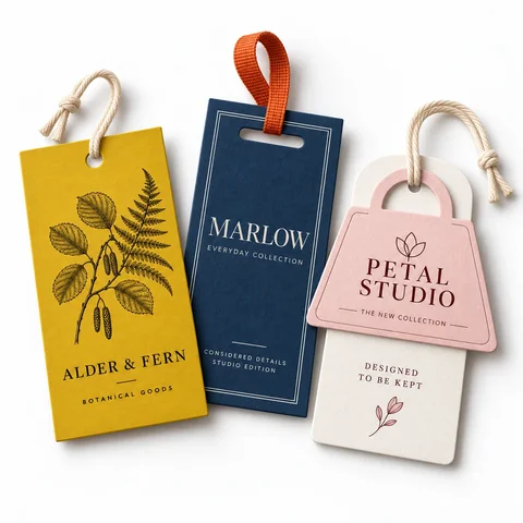 Mustard botanical, navy ribbon and pink layered printed hang tags on white