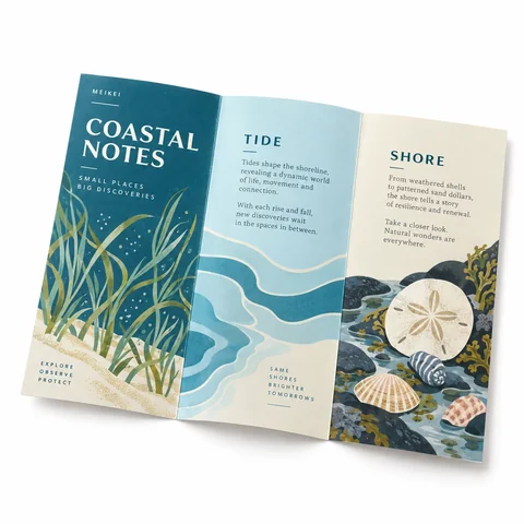 Open Coastal Notes tri-fold brochure with original coastal illustrations