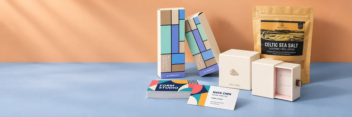 A coordinated collection of printed cartons, rigid boxes, kraft pouches and business cards