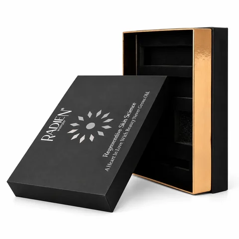 Black and gold presentation box with separate lid and fitted interior