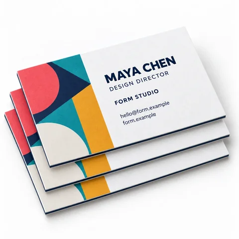 Stacked geometric business cards showing fine navy cores and thick paper edges
