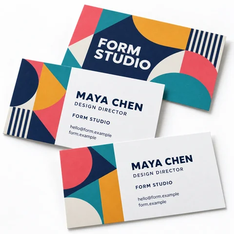 Colorful geometric business cards showing coordinated front and contact layouts