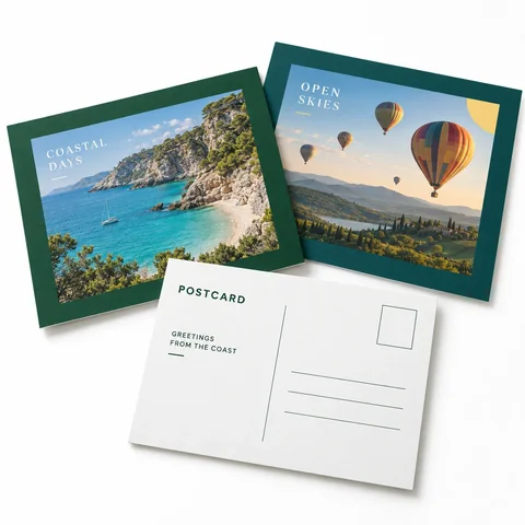Travel postcards with coastal and balloon photo fronts and a mailing reverse