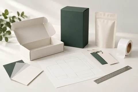 Green and ivory packaging samples with a carton dieline, paper swatches, labels and a ruler