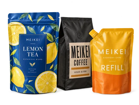 MEIKEI printed tea, coffee and refill pouch design concepts on white