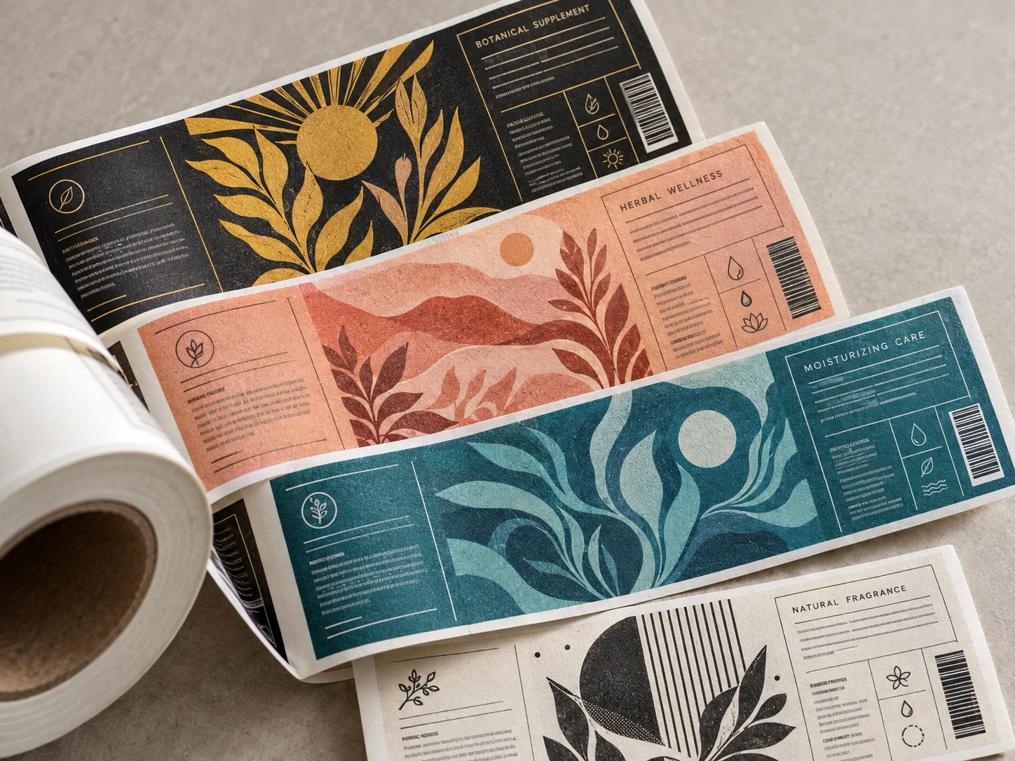 Custom printed labels on roll stock in paper and film materials