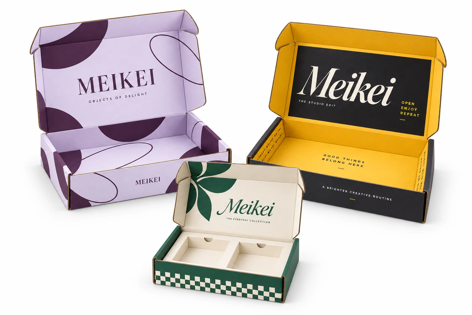 MEIKEI lilac, yellow-and-black and cream-and-green corrugated mailer box design concepts on white