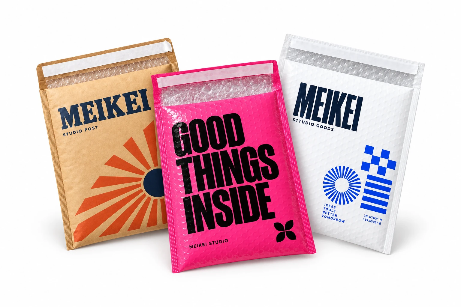 MEIKEI pink, blue-and-white and kraft bubble mailer design concepts on white