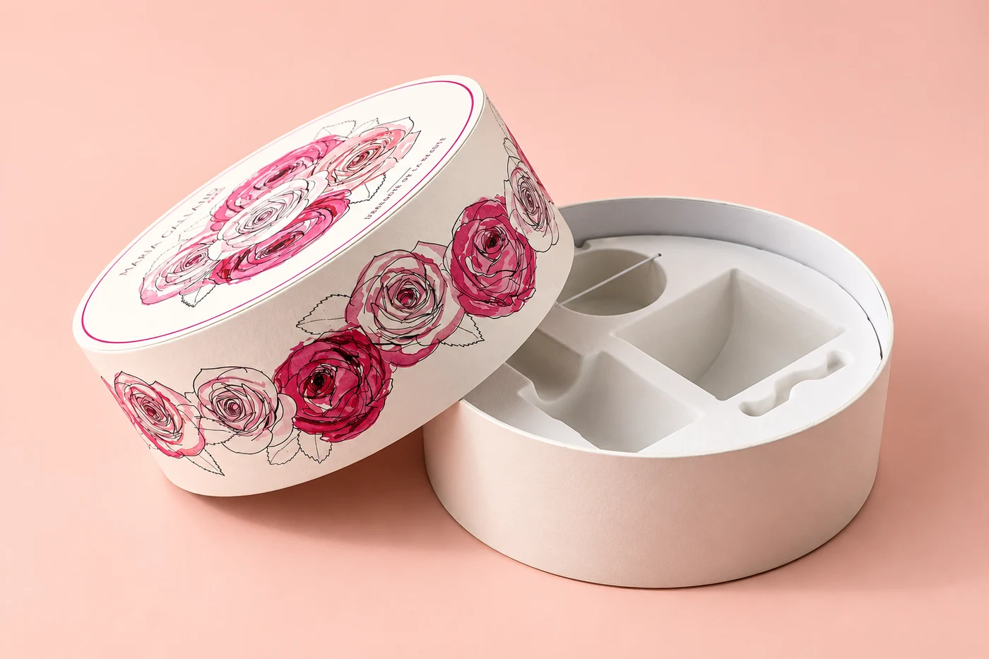 Floral round cosmetics packaging with its open lid and shaped insert