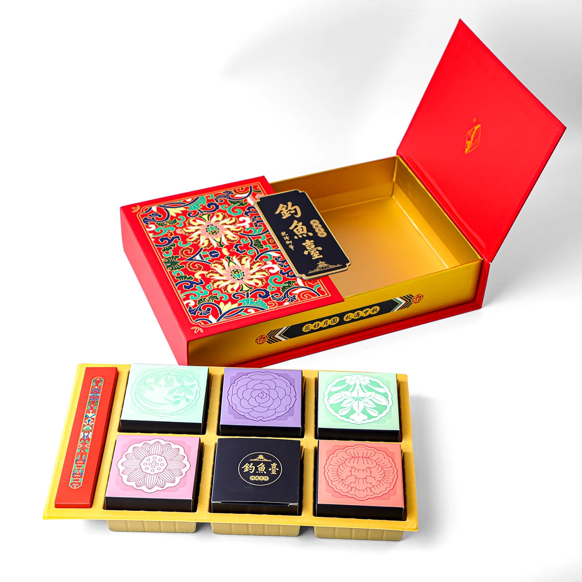Printed presentation box with matching smaller boxes and fitted compartments