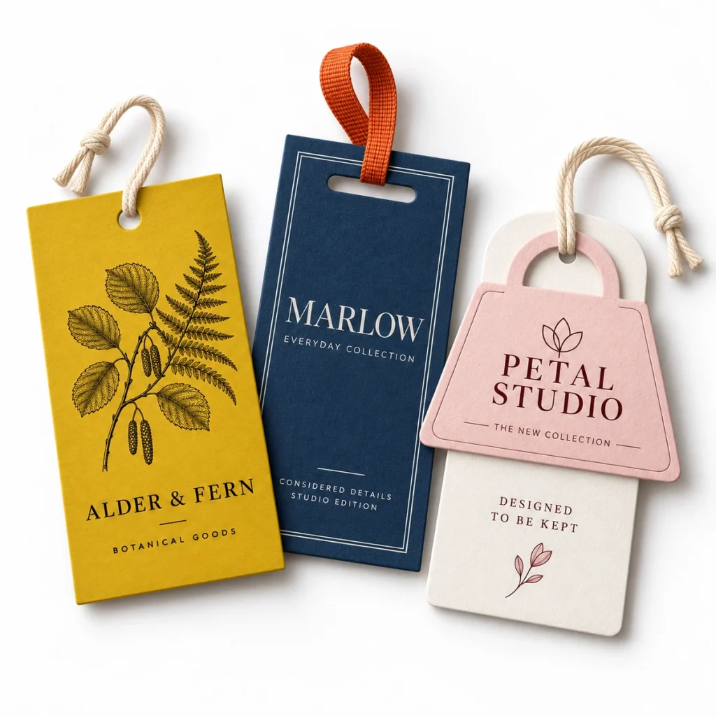 Printed hang tag concepts with different shapes and attachment cords