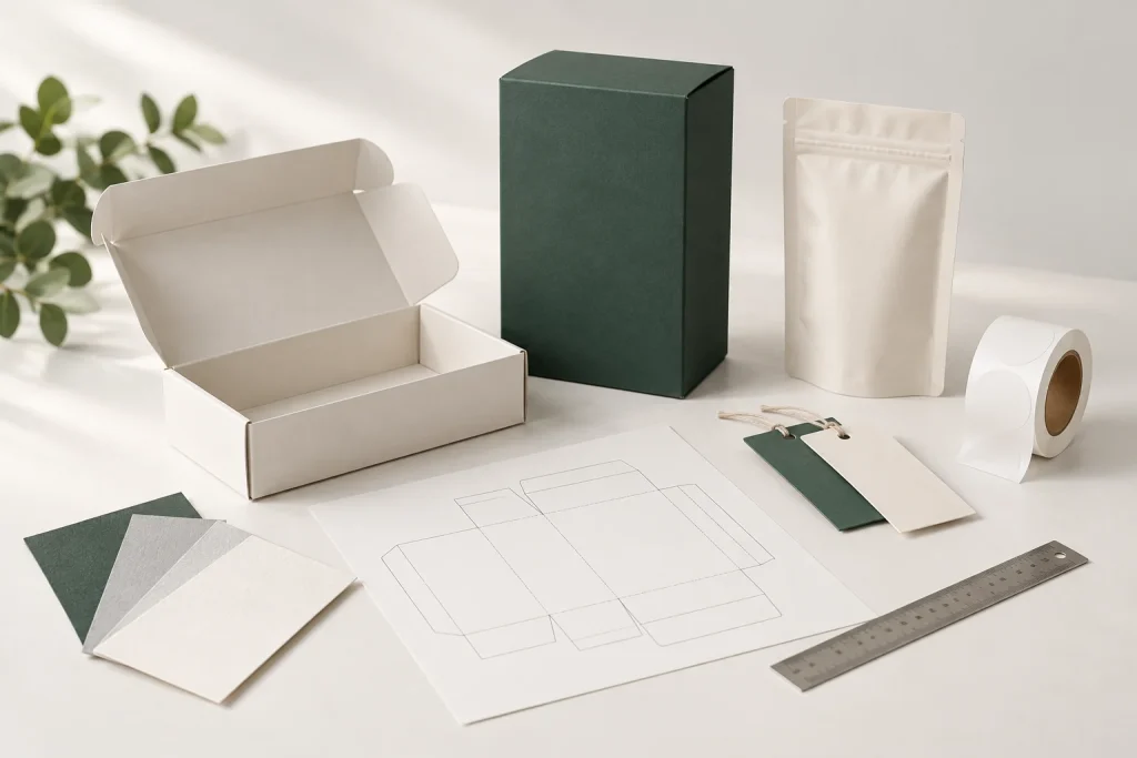 Green and ivory packaging samples with a carton dieline, paper swatches, labels and a ruler