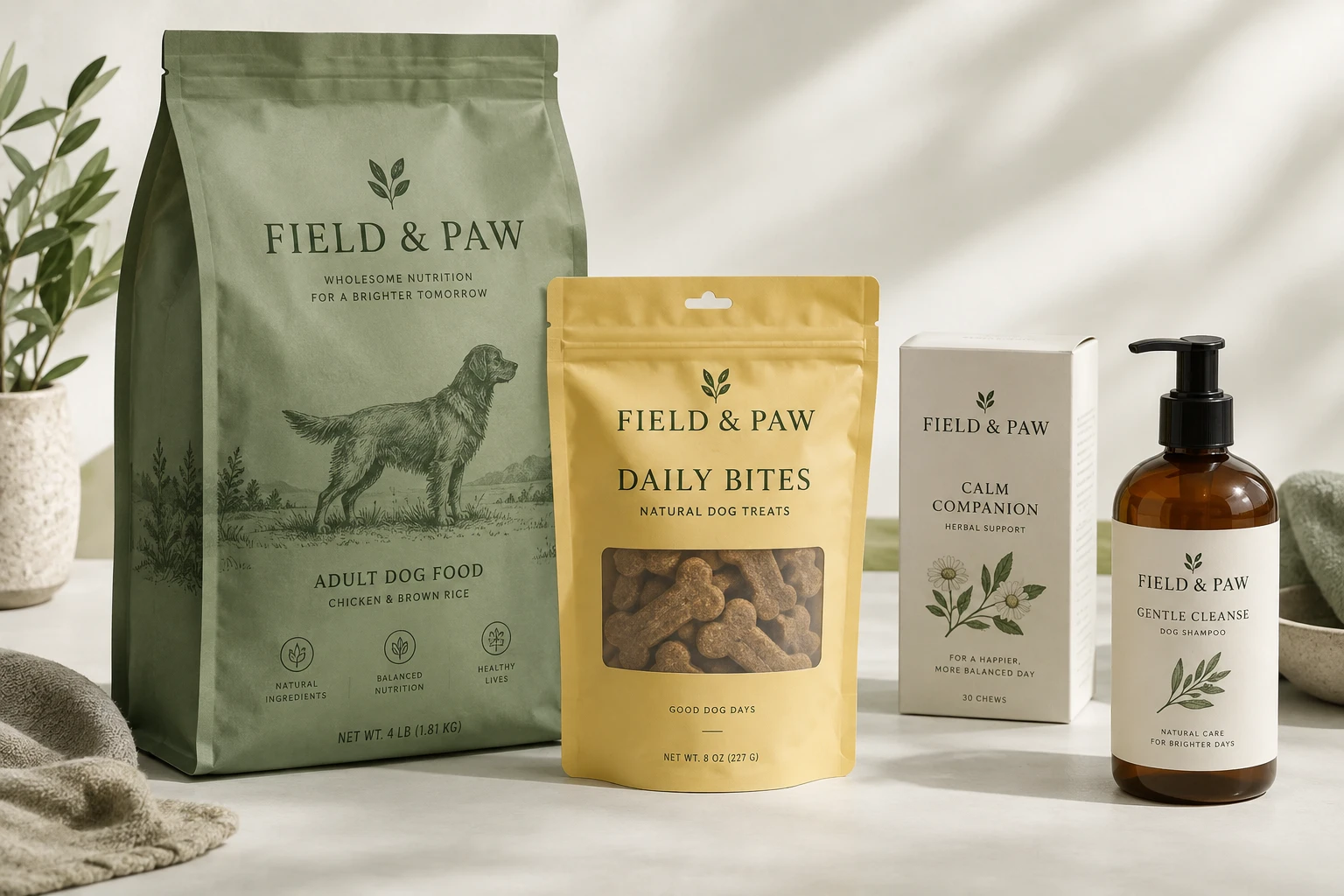 Illustrative coordinated pet food and care packaging range